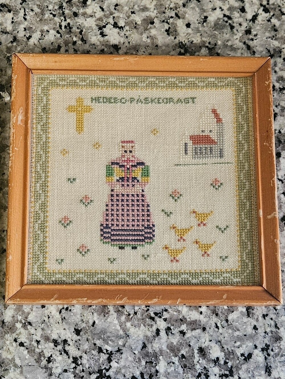 VTG Danish Scandinavian Cross Stitch Easter Church Needlepoint Framed Folk Art